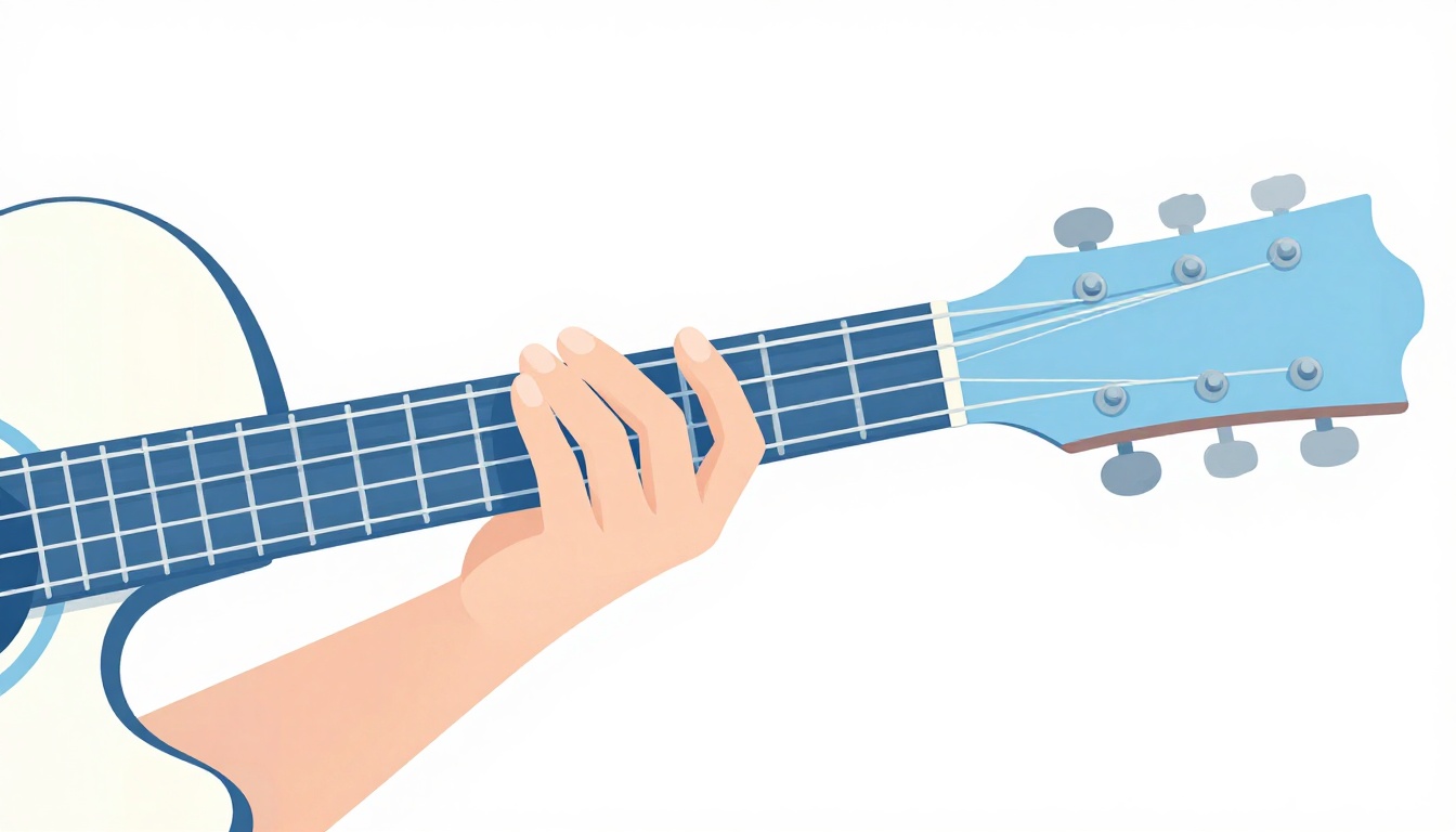 A wide shot of a guitar neck showing a barre chord held further up near the middle of the fretboard
