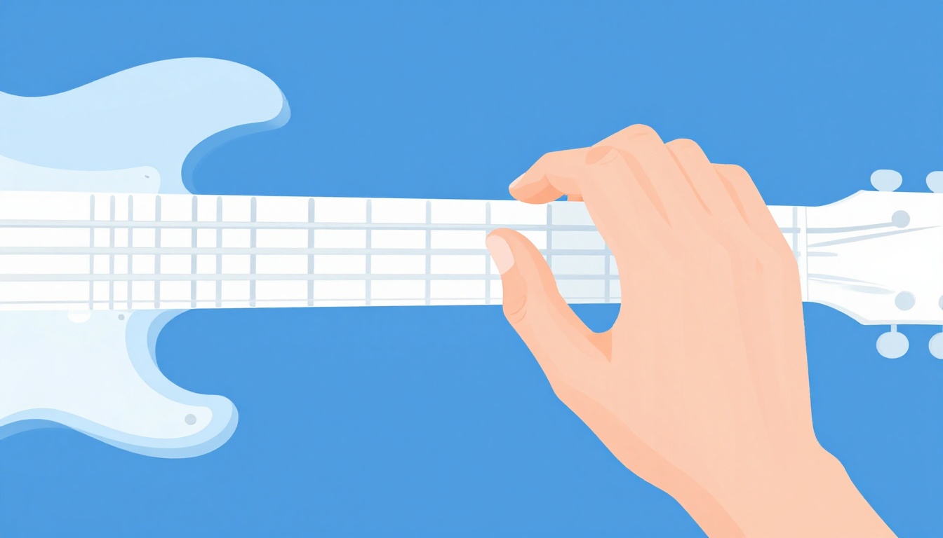 A close up of a hand adjusting finger position on a guitar fretboard, index finger rolled onto its side