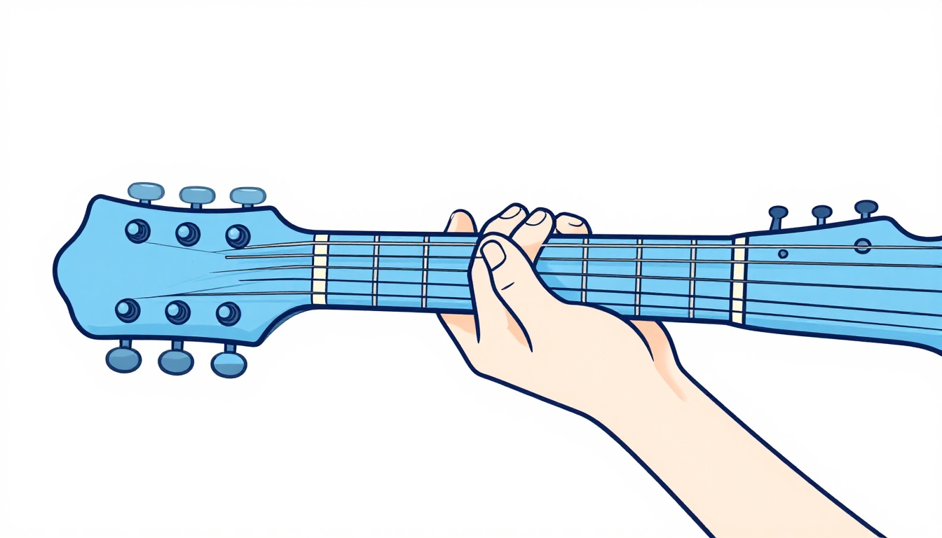 A side-by-side style close up comparing a hand forming a barre chord on a slim electric guitar neck