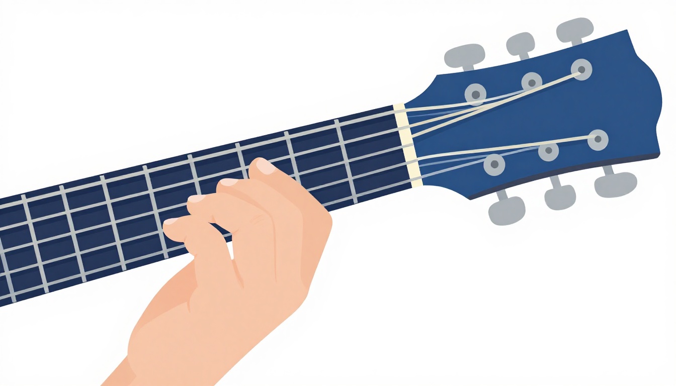 A close up of a hand on a guitar fretboard with the other hand pointing to individual strings, illustrating note by note practice