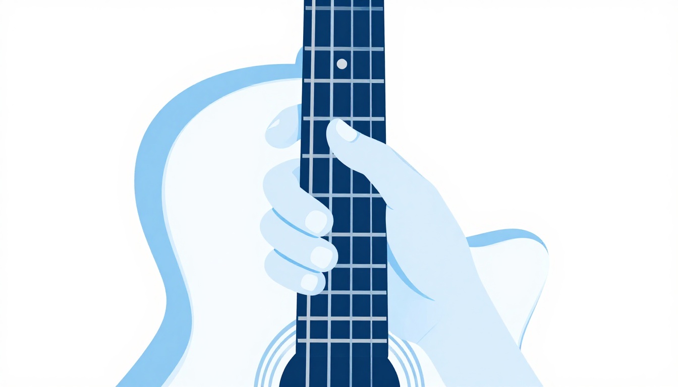 A close up of a hand forming a barre chord shape near the middle of a guitar neck with one finger lifted