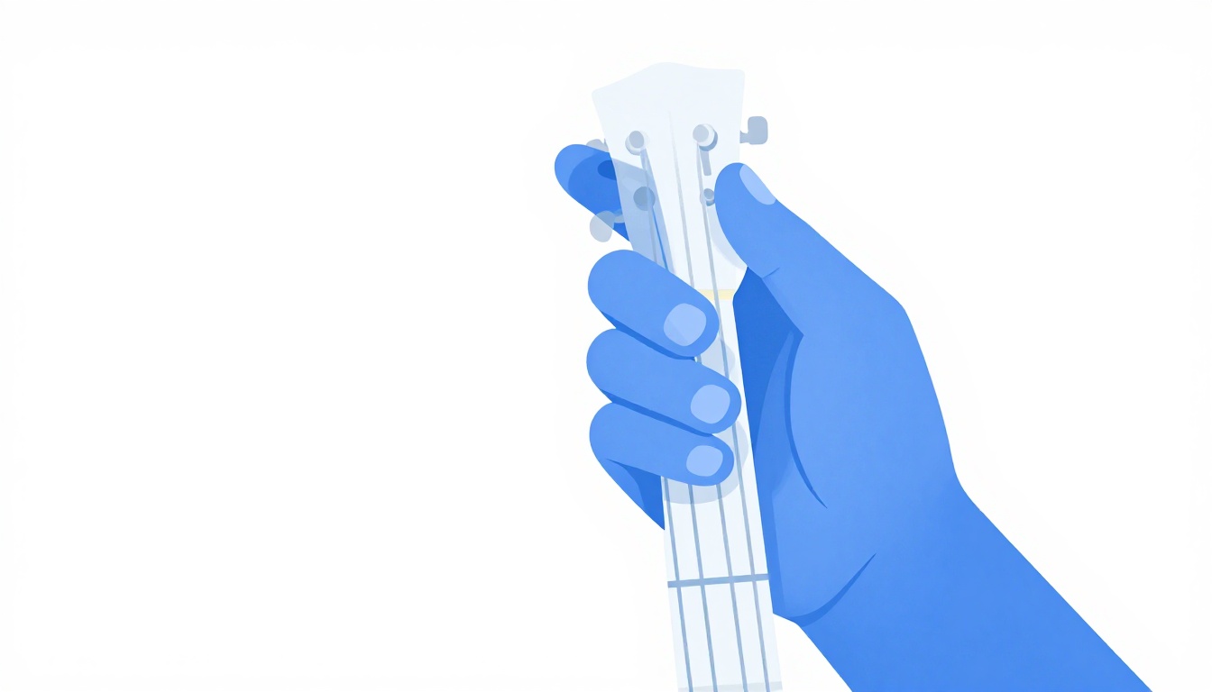 A close up of a hand forming a barre chord shape higher up a guitar neck