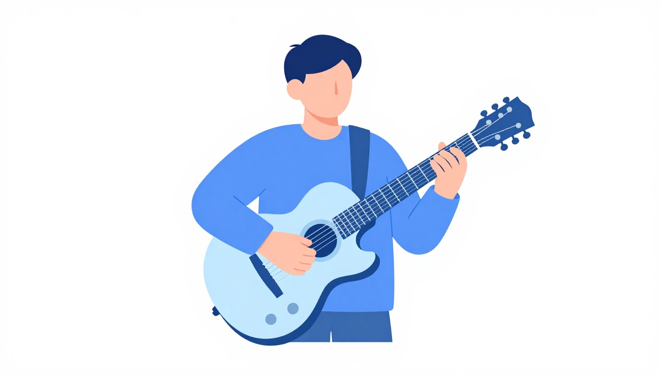 A right hand strumming an electric guitar with the left hand shaping a simple open chord low on the neck