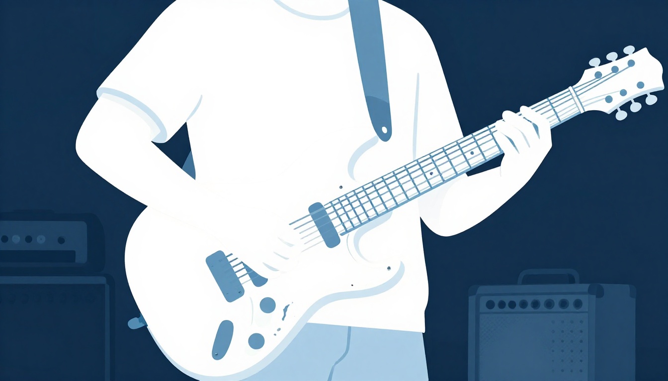 A person practicing an electric guitar in a dim room with a guitar amplifier visible in the background