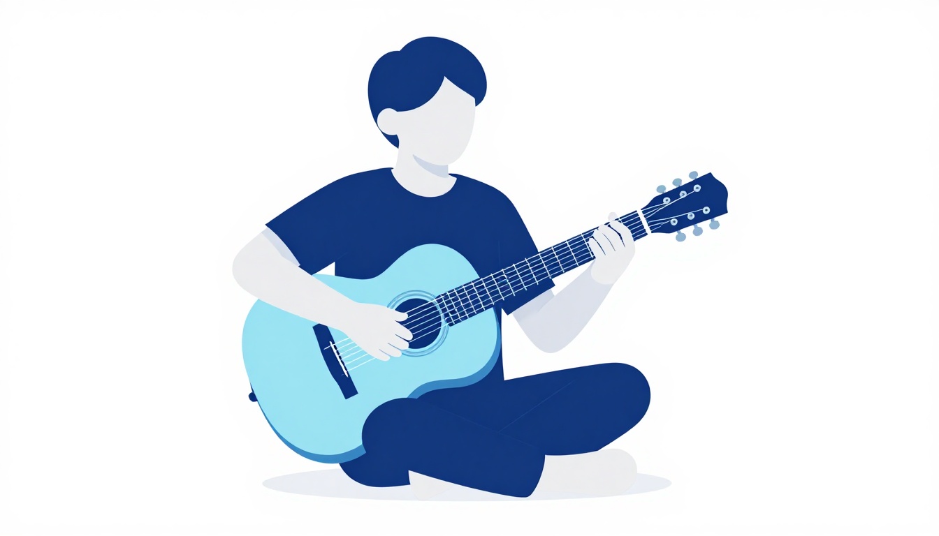 A person sitting with an acoustic guitar practicing scales attentively in natural light