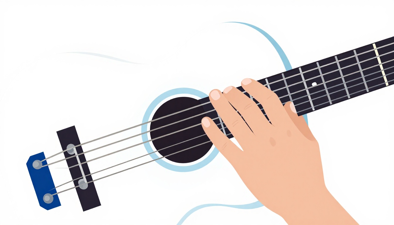 A close-up of a left hand fingering an open Em7 chord on an acoustic guitar neck, one finger pressed on the fifth string near the headstock