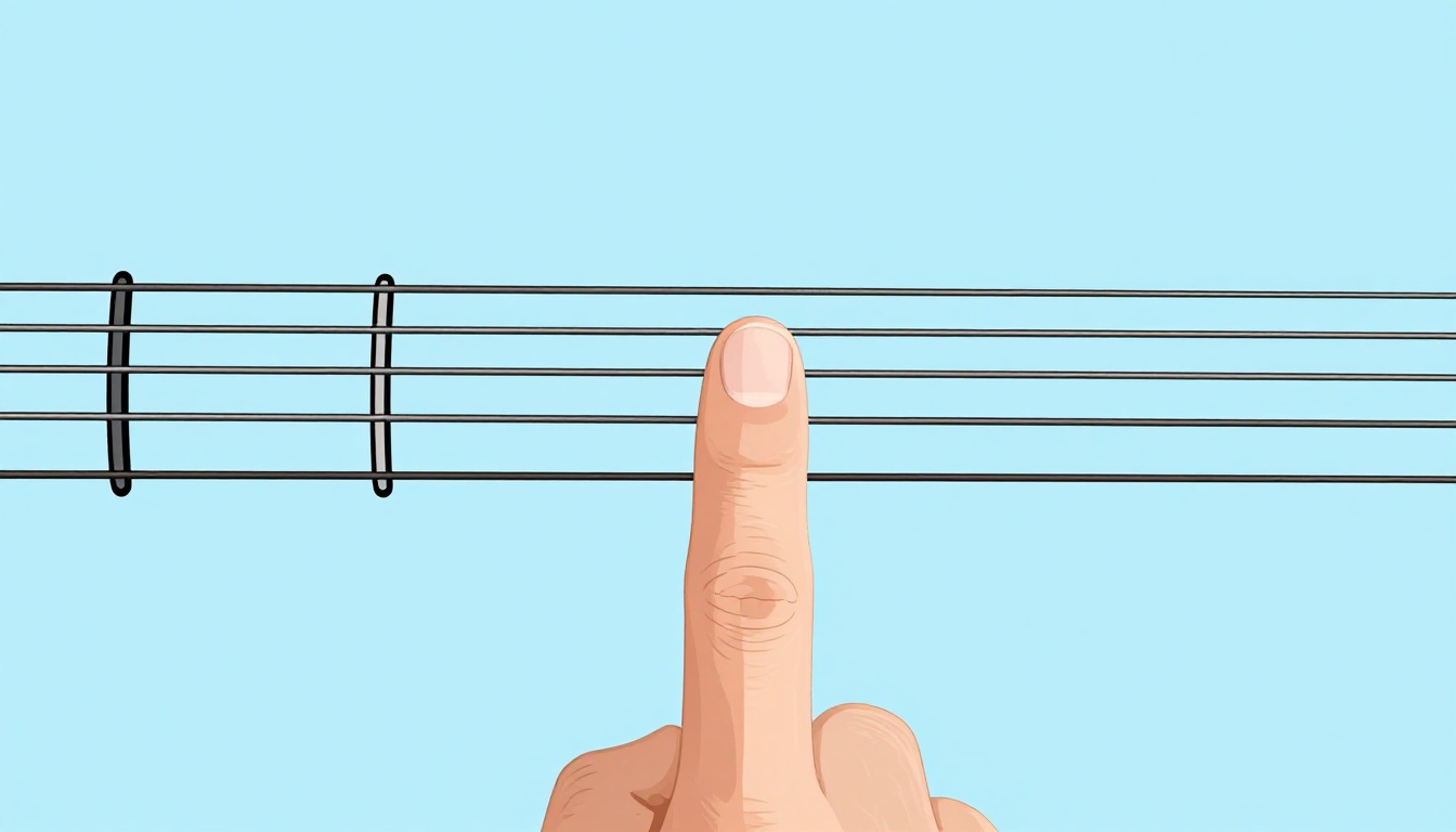 A close-up of a fingertip positioned directly behind a metal fret wire on an acoustic guitar neck