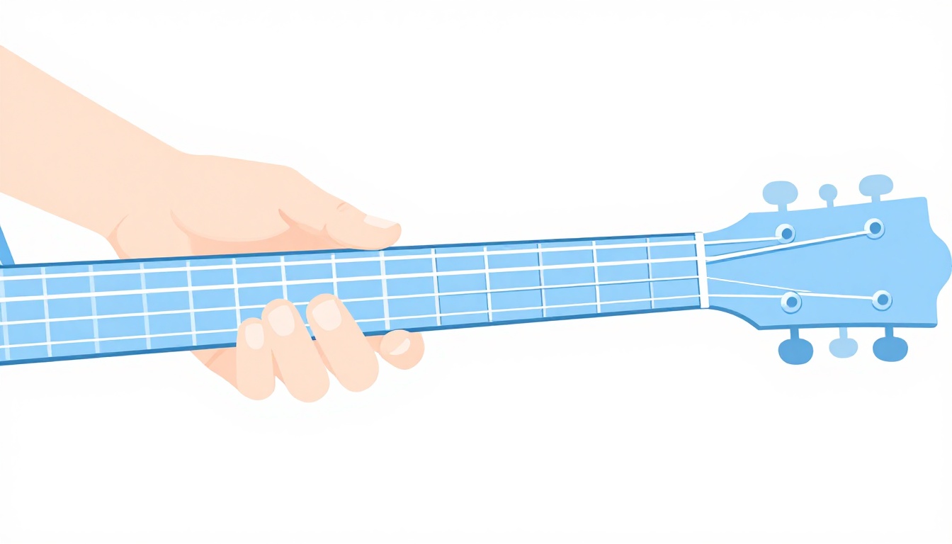 A close-up of a finger pressing a fretted string on a guitar neck while the neighboring open string is shown clearly separated from it