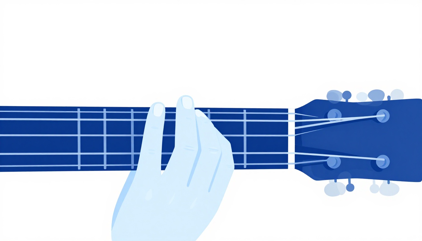 A close-up of a left hand with four fingers spread across an acoustic guitar neck, each pressing a different string