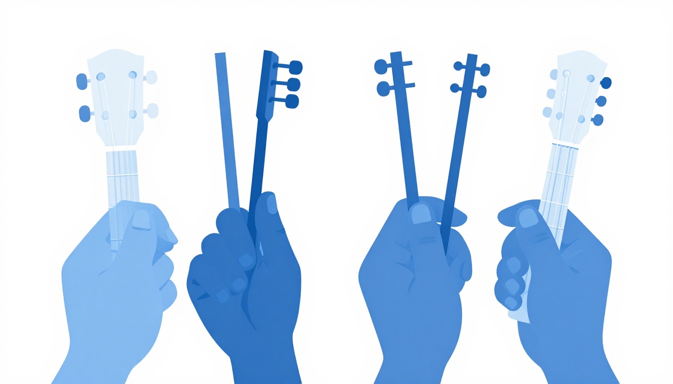A side-by-side close-up of two hands, each fingering a slightly different chord shape on a separate acoustic guitar neck