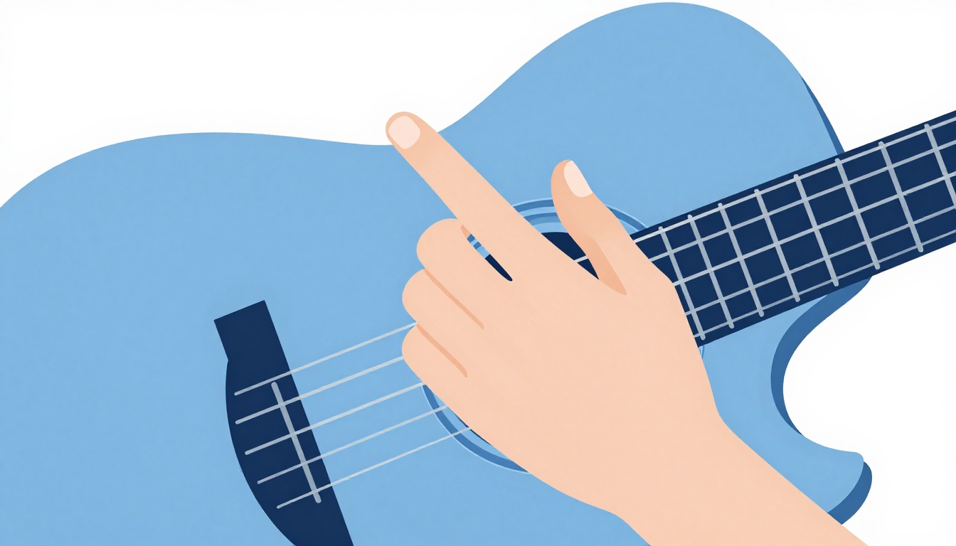 A close-up of a hand fingering a chord shape higher up an acoustic guitar neck, further from the headstock than an open chord