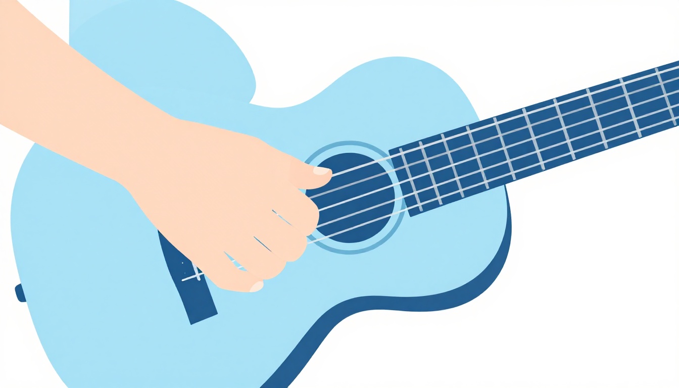 A close-up of a hand fingerpicking an open chord shape on an acoustic guitar, fingers plucking individual strings