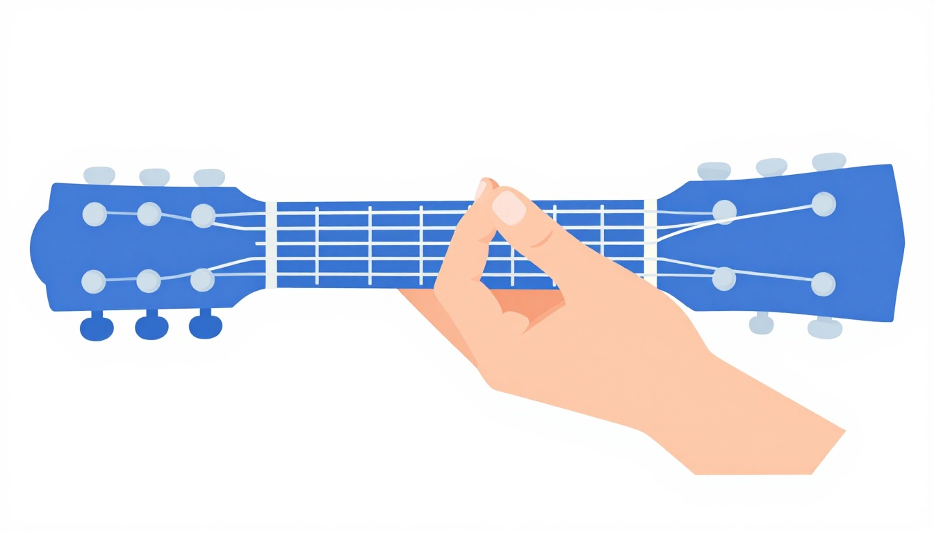 A close-up of a hand forming a barre chord with the index finger flattened across several strings partway up a guitar neck