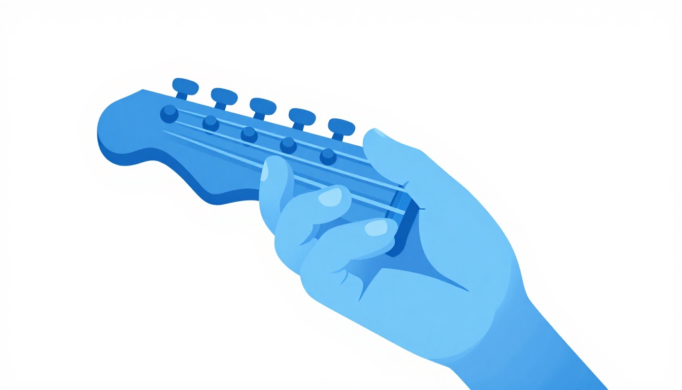 A close-up of a hand fingering a chord shape near the middle of an electric guitar neck