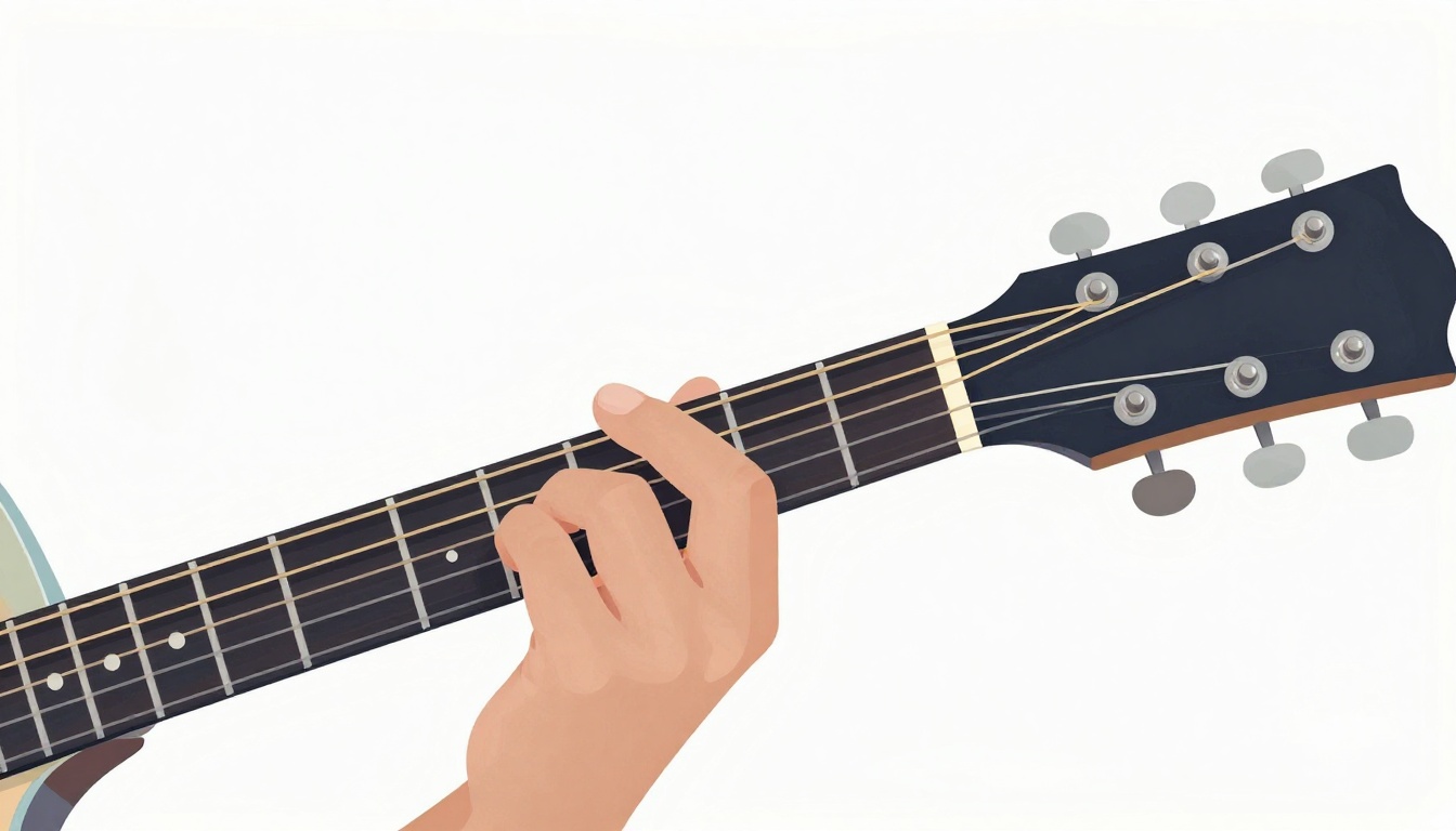 A close-up of a hand fingering a chord shape near the body of an acoustic guitar, close to where the neck meets it
