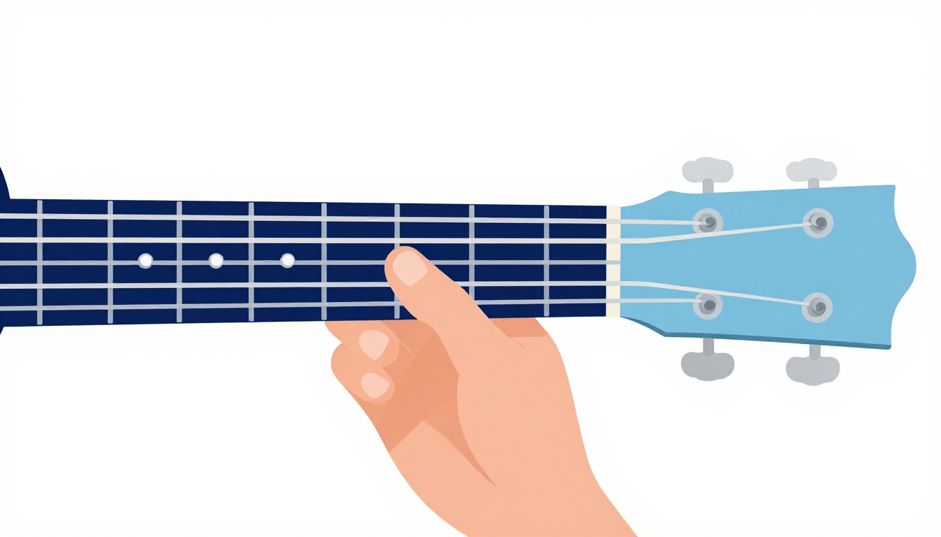 A close-up of a hand mid-motion moving between two chord shapes on an acoustic guitar neck