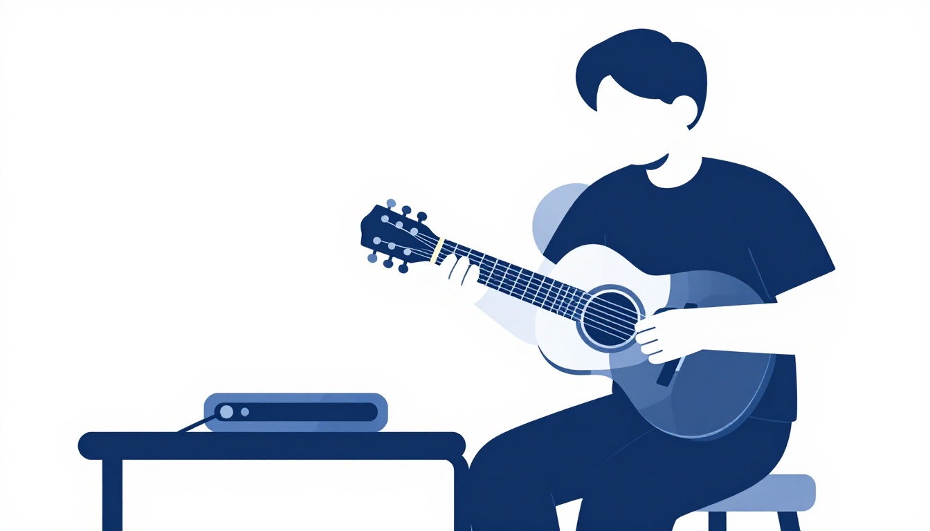 A person practicing guitar at a small table with a metronome placed beside them