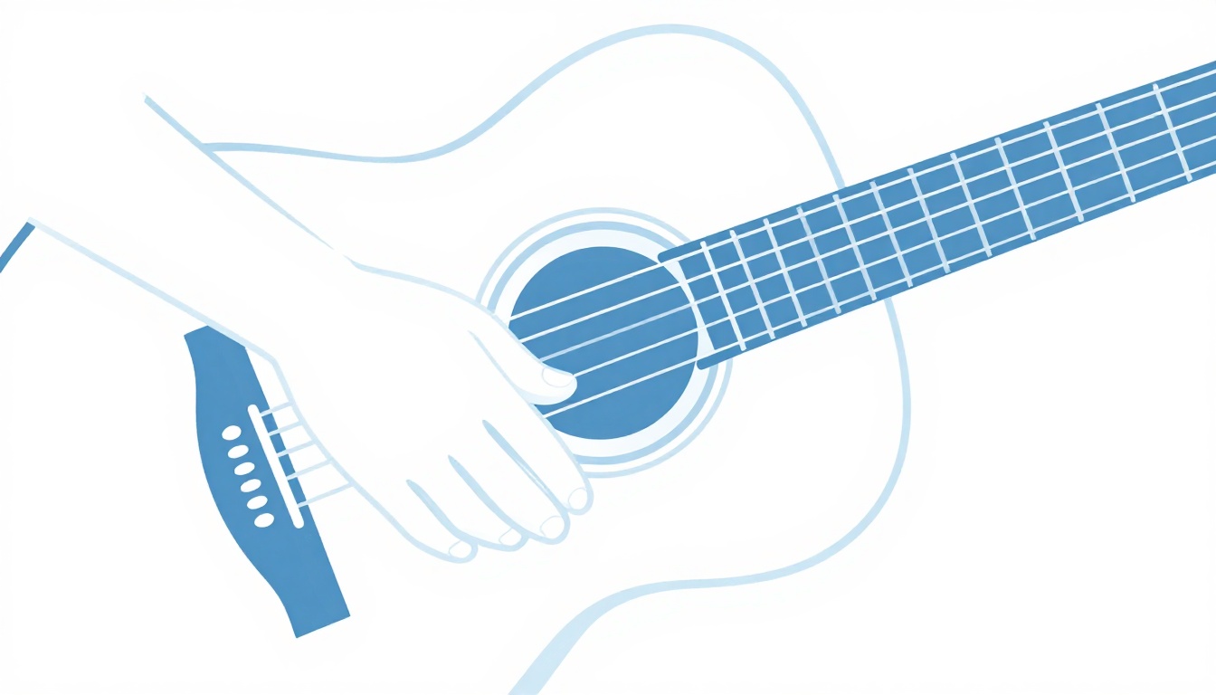 A close-up of a hand strumming across an acoustic guitar's strings near the soundhole, with the pick angled away from one muted string