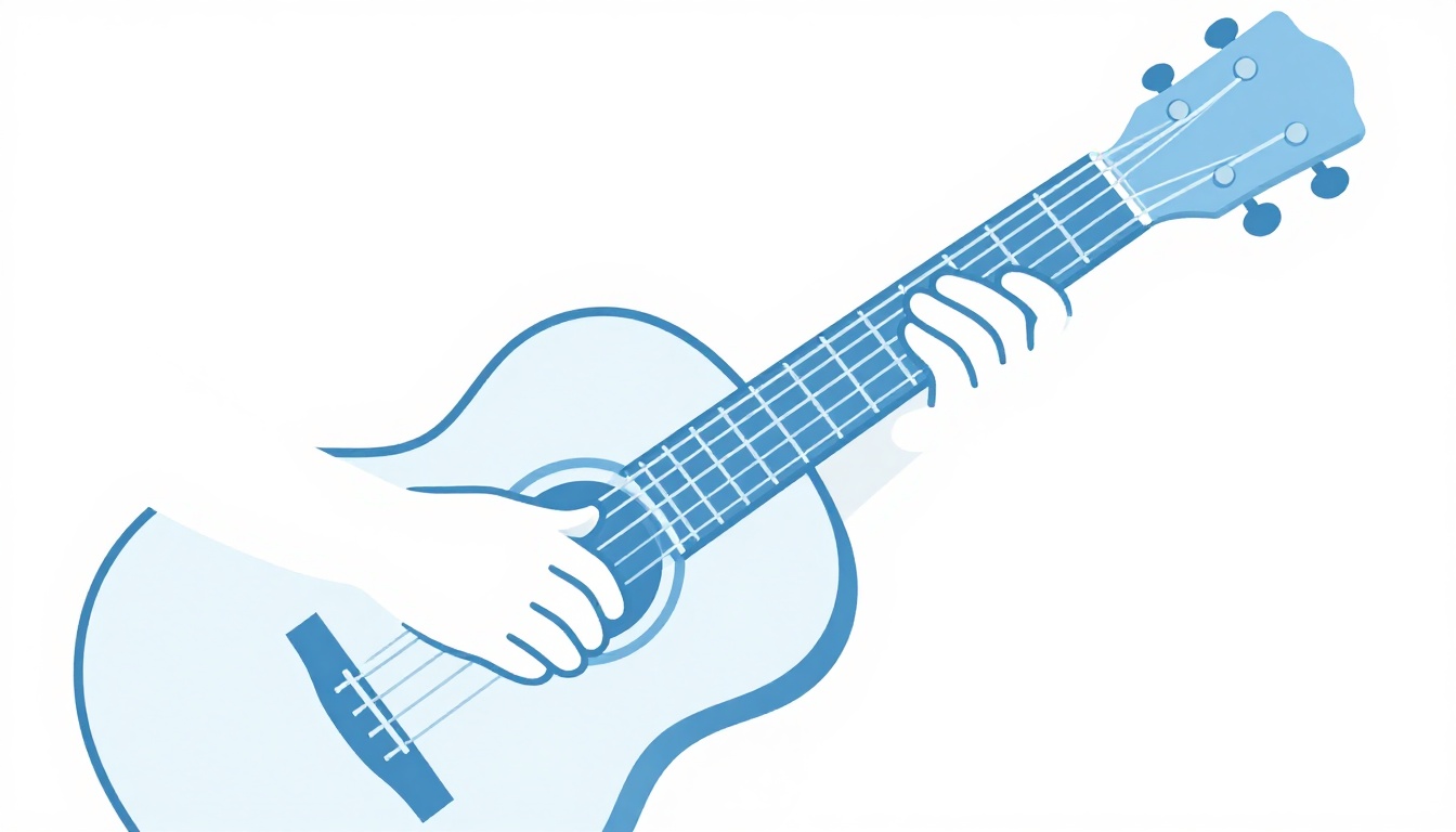 A close-up of a hand fingering a chord shape near where an acoustic guitar's neck meets its body