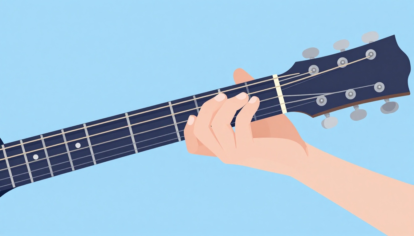 A close-up of a left hand pressing three fingers onto the first and second frets of an acoustic guitar neck, the low, second, and first strings left open