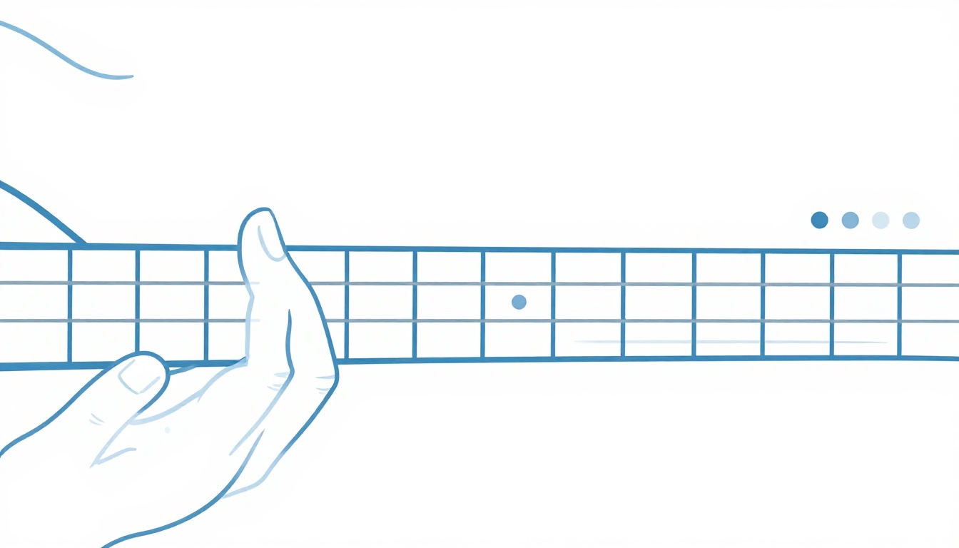 An extreme close-up of a fingertip arched vertically and pressing a guitar string down close to a fret wire, the neighboring string left untouched