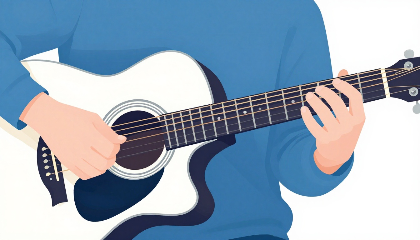 A close-up of a left hand fingering a compact chord shape on the middle strings of an acoustic guitar neck high up the fretboard, both outer strings left unplayed