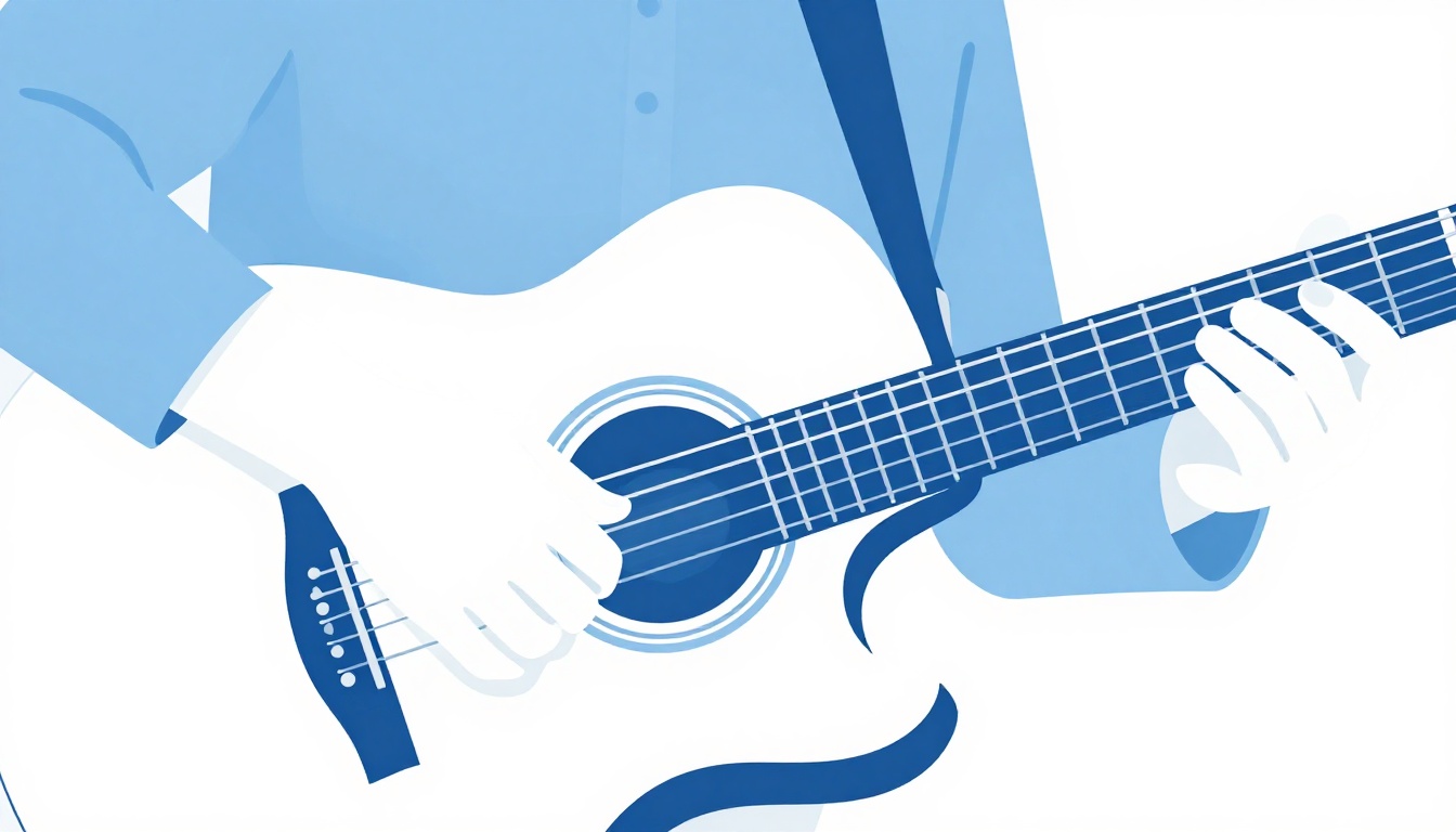 A close-up of a left hand stretching and flexing its fingers before playing an acoustic guitar, the instrument resting nearby