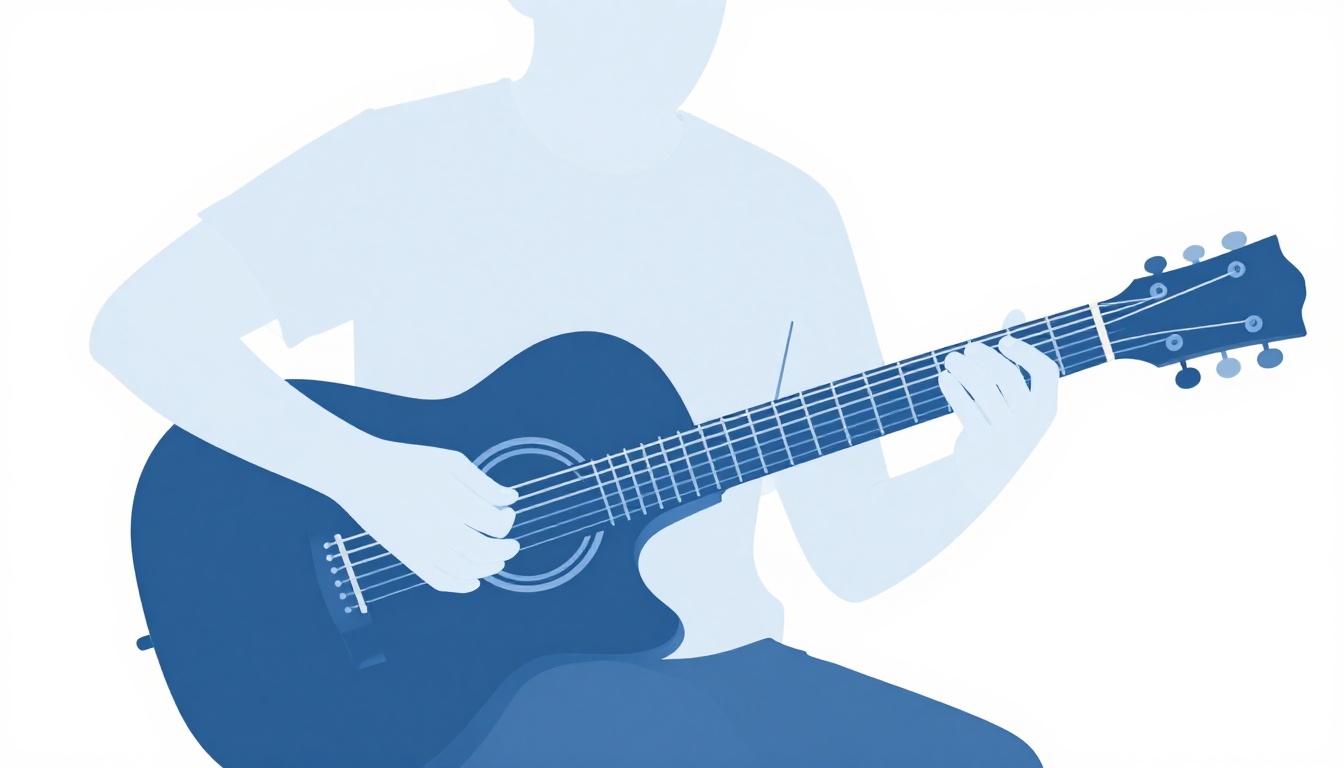 A person playing an acoustic guitar while seated indoors, fingers resting on the fretboard mid-song