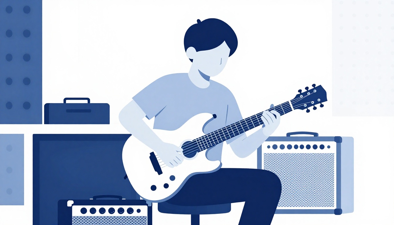 A guitarist sitting on an amp casually working out a riff between recording takes in a studio