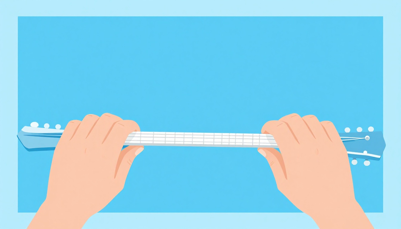 Two hands positioned at different points on an electric guitar neck, one fretting a barre chord shape