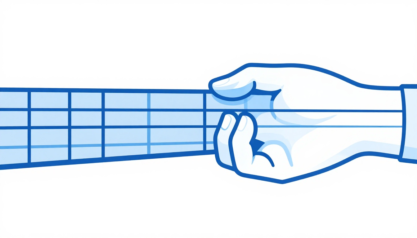 A close up of a fretting hand with a finger not pressing fully against the fretboard, causing string buzz