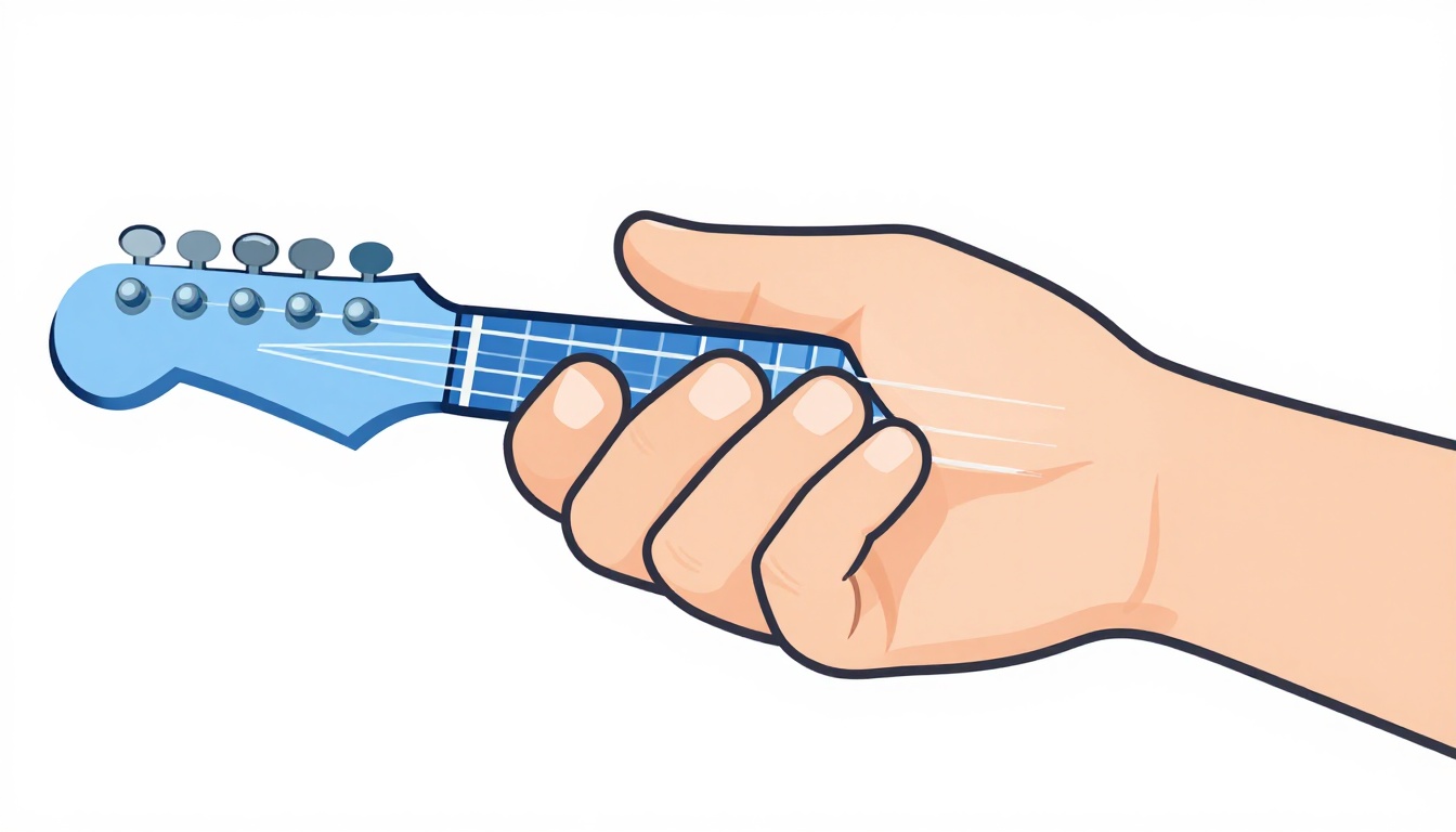 A hand forming a barre chord shape across the guitar neck