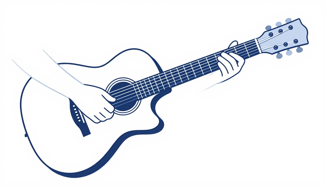 A hand practicing a chord shape slowly on an acoustic guitar neck
