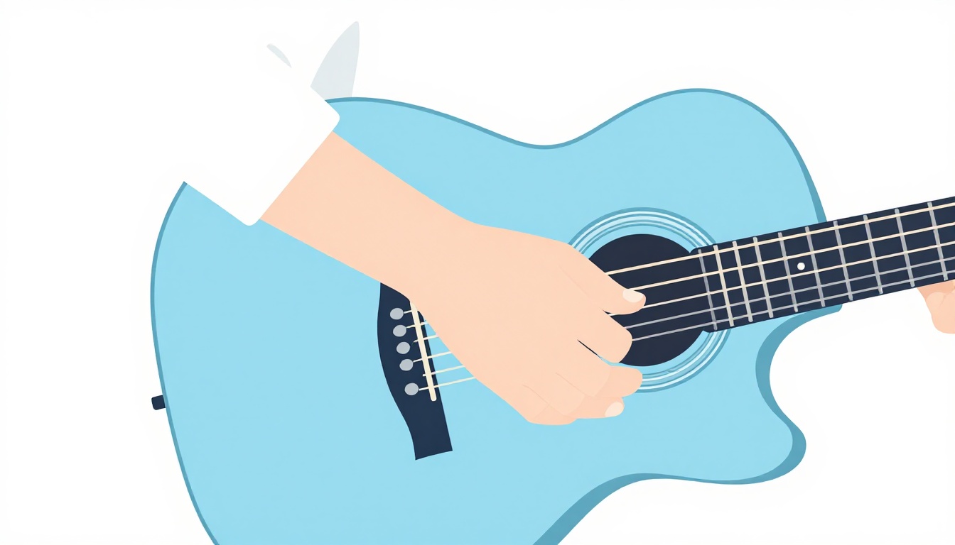 A hand fingerpicking an acoustic guitar with the fretting hand visible on the neck