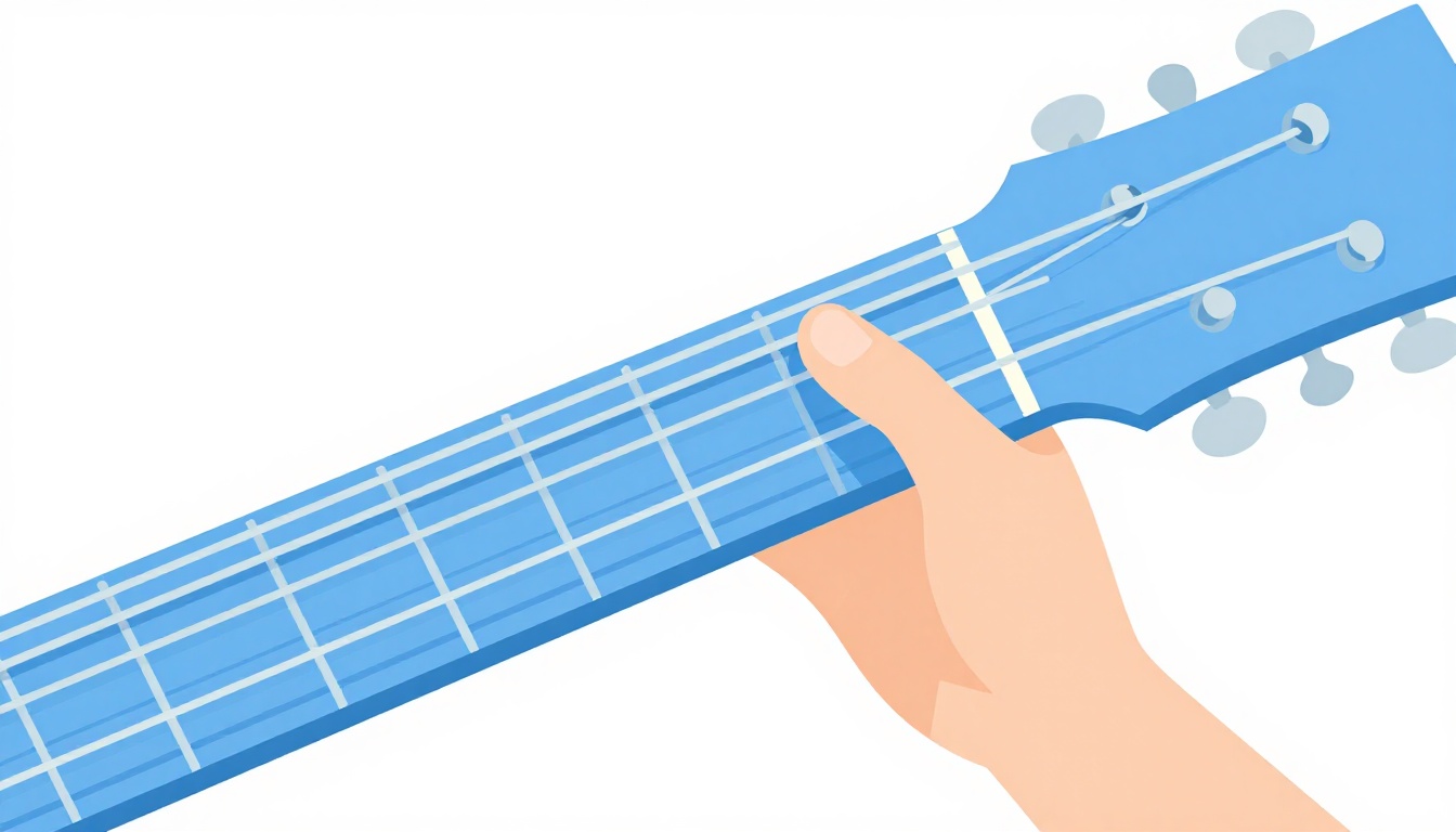 A close-up of a left hand fretting the first fret of the low E string on an acoustic guitar neck, index finger only