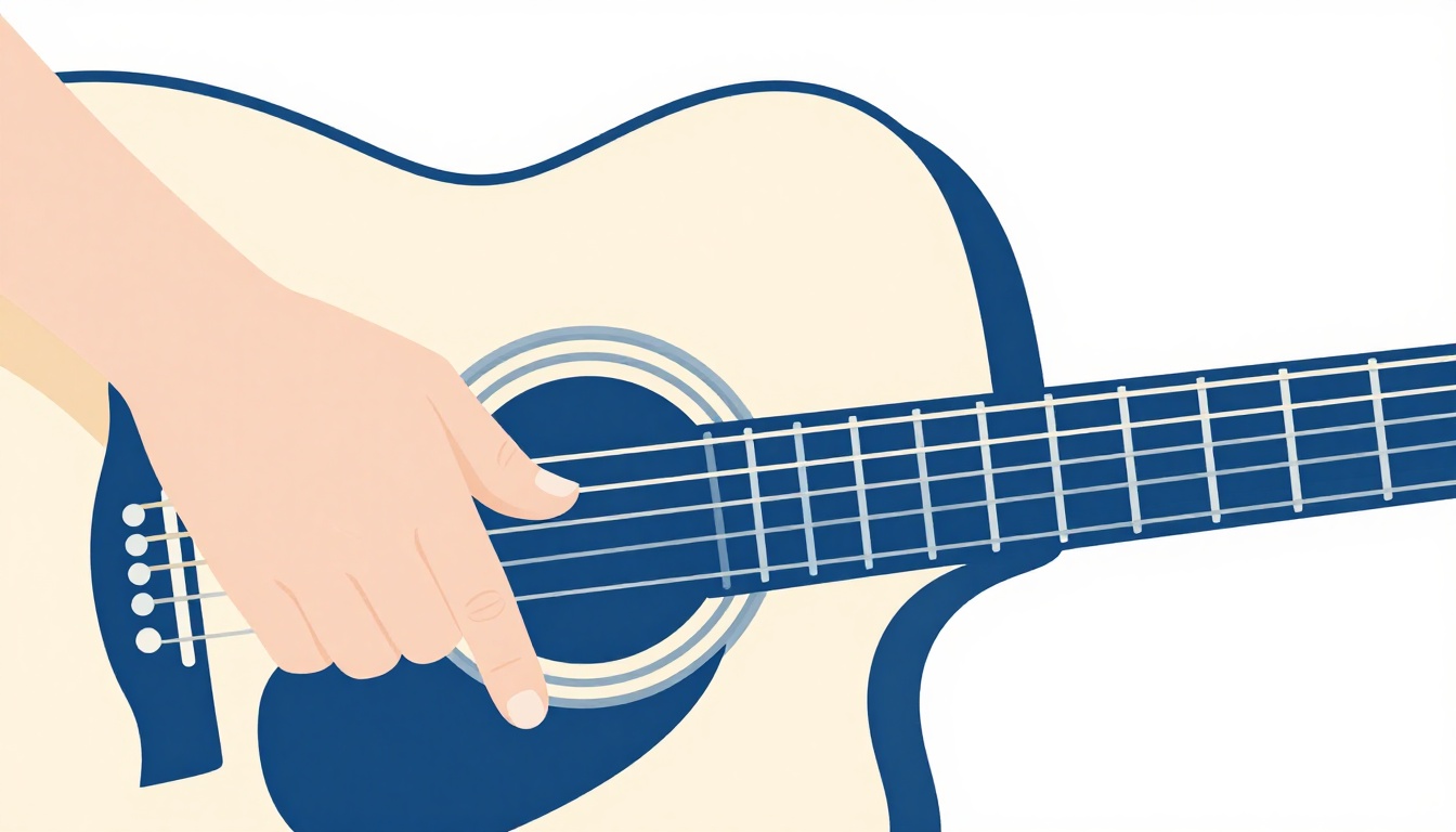 A close up of a left hand fingering a compact chord shape on the top four strings of an acoustic guitar neck, thinnest string left open
