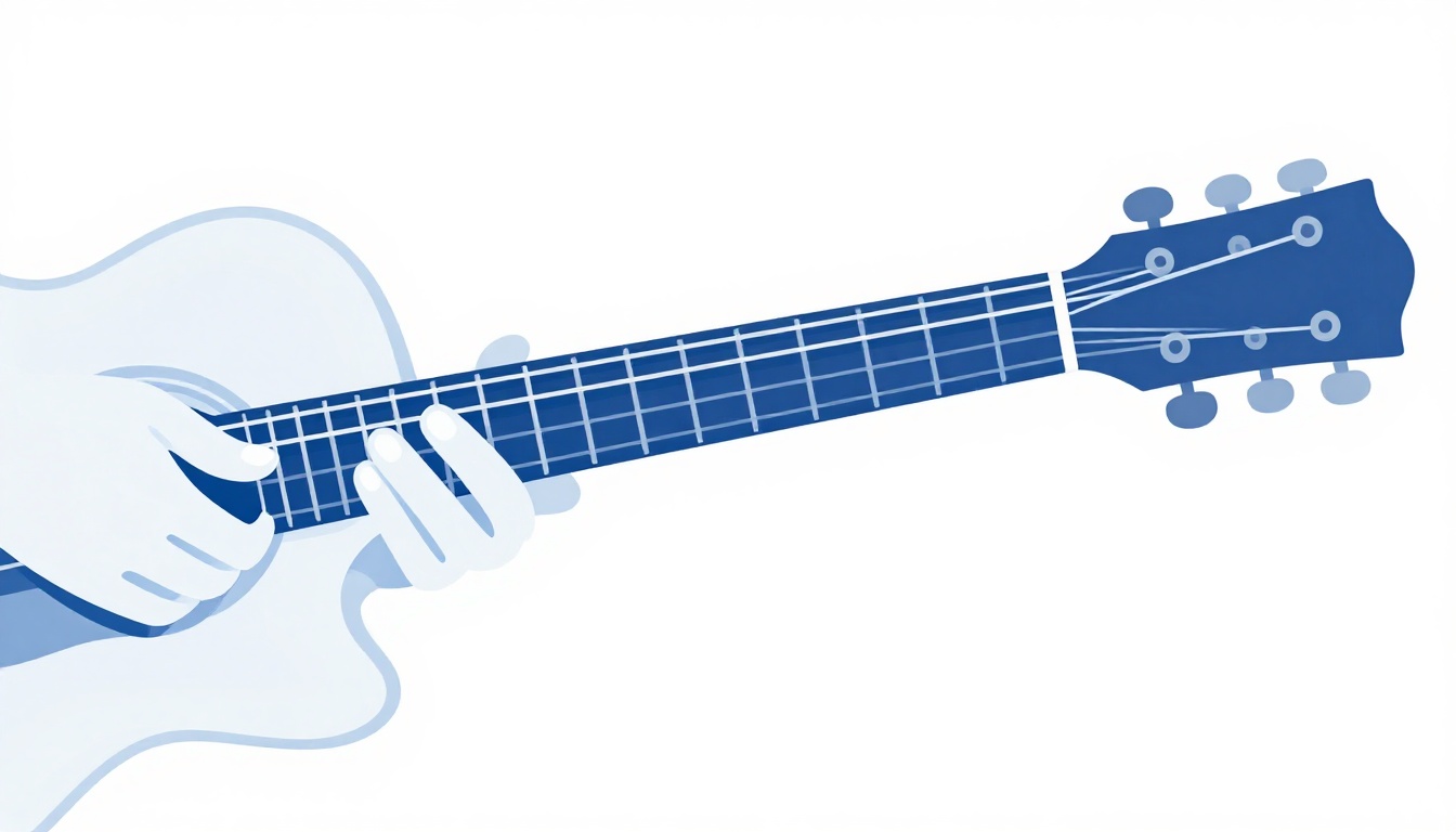 A close up of a capo clamped across the second fret of an acoustic guitar neck with a left hand fingering an open chord shape just behind it