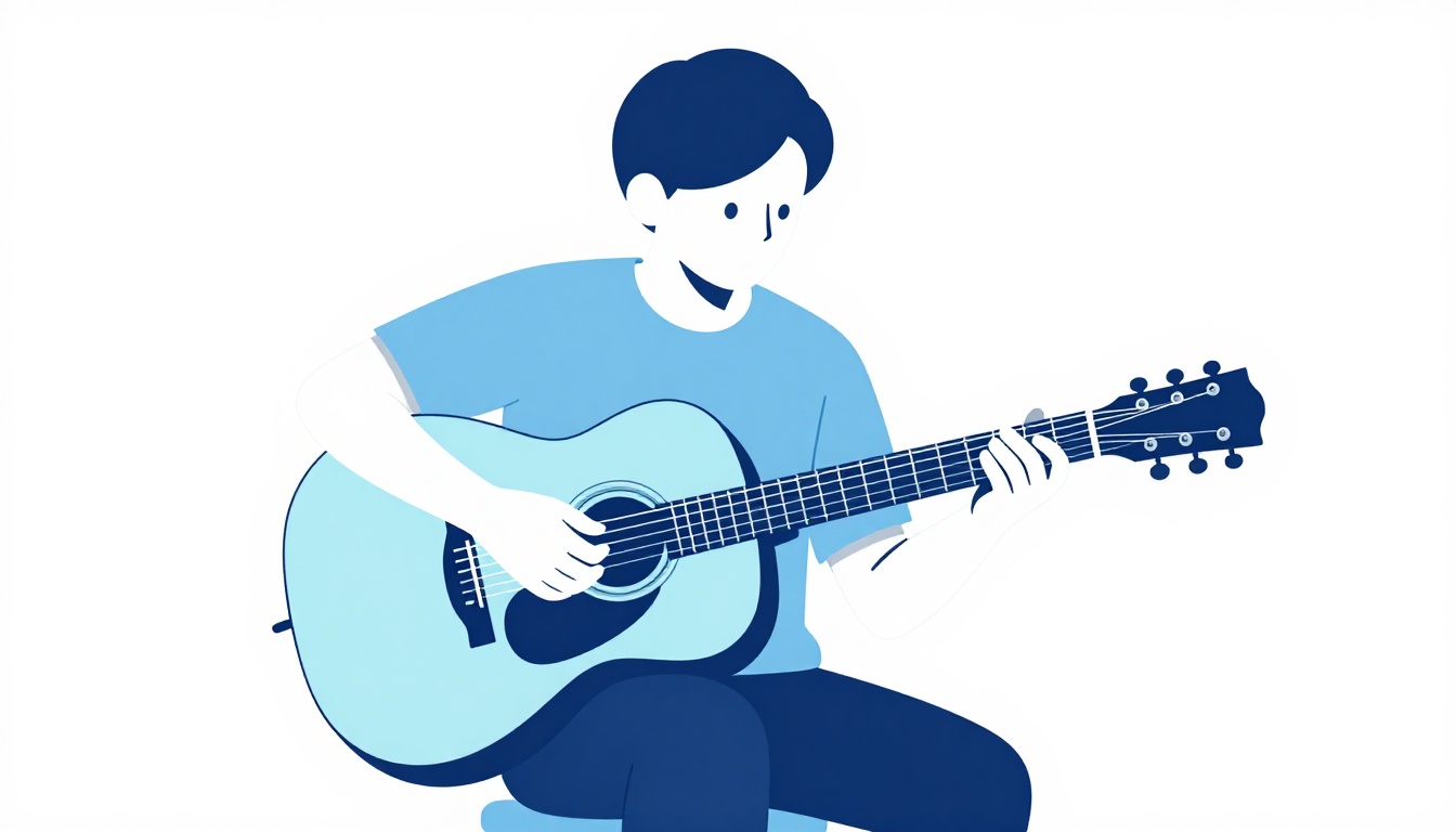 A wide shot of a seated guitarist practicing chord changes on an acoustic guitar, one hand moving along the neck