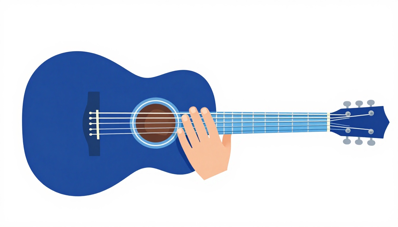 A close up of a left hand forming a full barre chord shape on an acoustic guitar neck, index finger flat across all six strings