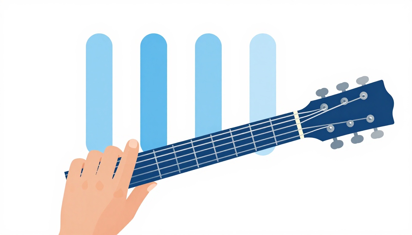 A close up of a left hand barring strings higher up an acoustic guitar neck, near the middle of the fretboard