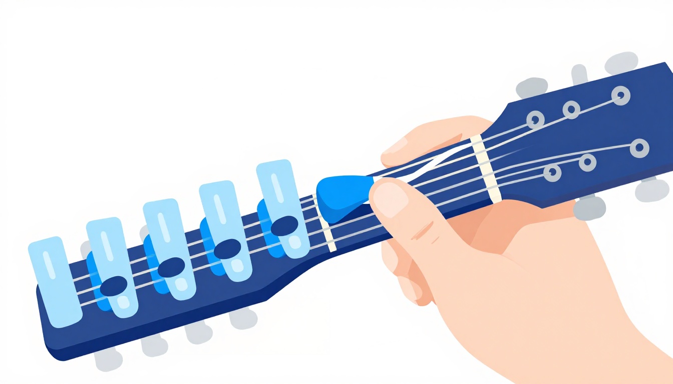 A close up of a left hand fingering an open chord shape on an acoustic guitar neck just behind a capo