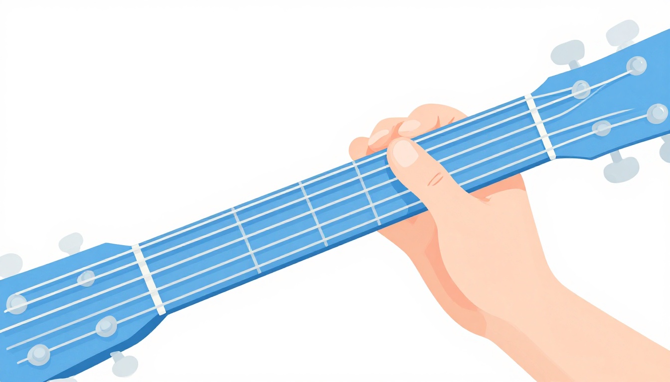 A close up of a left hand index finger barring only the three thinnest strings of an acoustic guitar neck