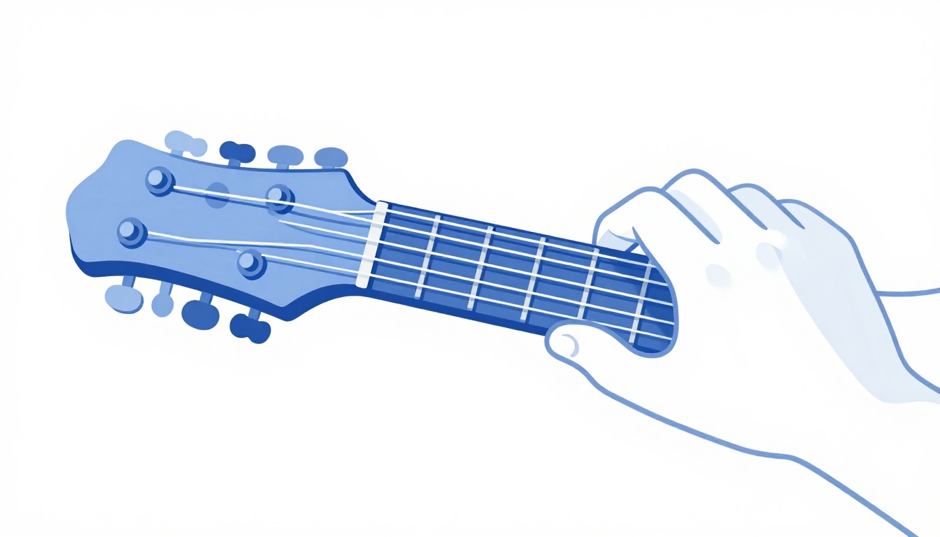 A close up of a left hand pressing two adjacent guitar strings on the lower frets of an electric guitar neck