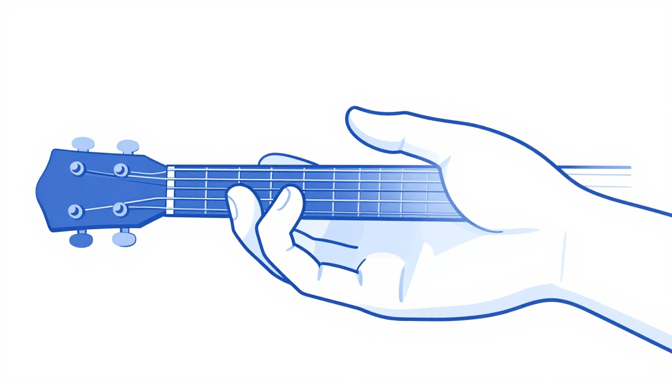 A close up of a left hand barre chord on a guitar neck with a visible gap between the index finger and one string