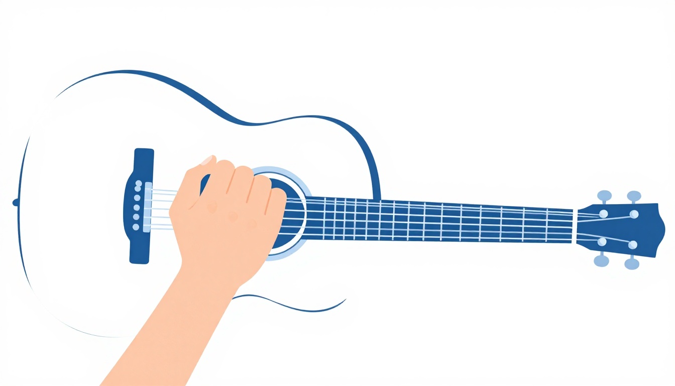 A close up of a hand squeezing a grip strengthening exerciser next to an acoustic guitar