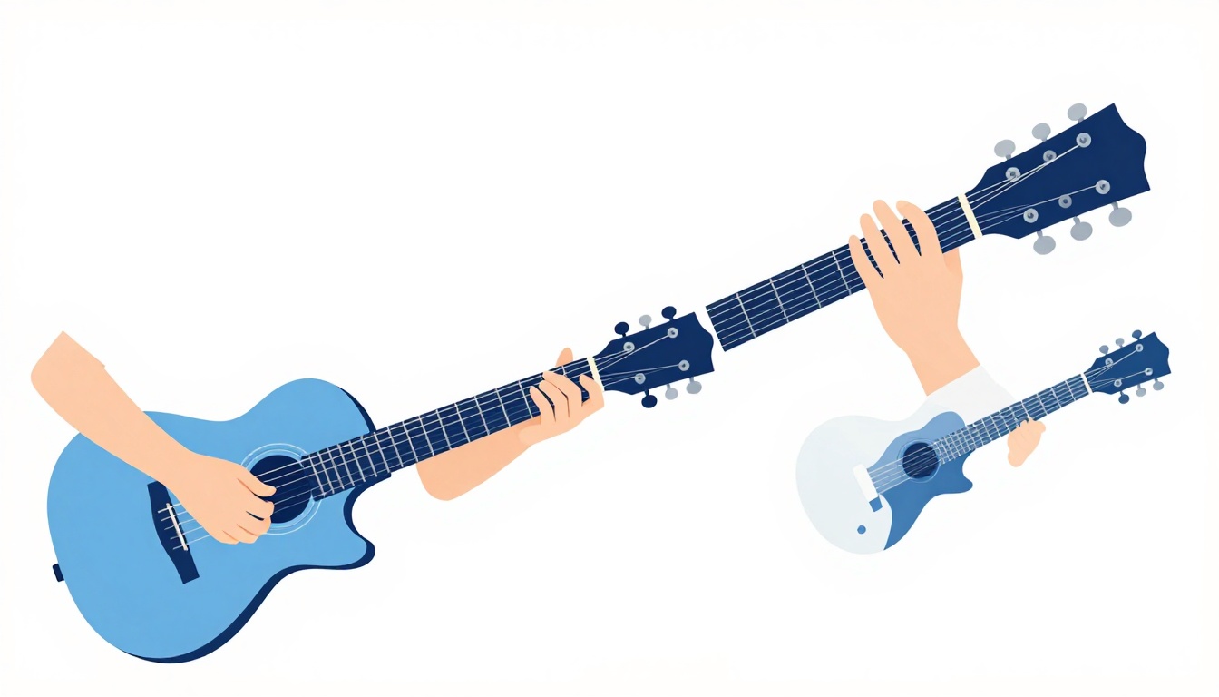 A hand transitioning between two different chord shapes on an acoustic guitar neck, motion blur on the fingers