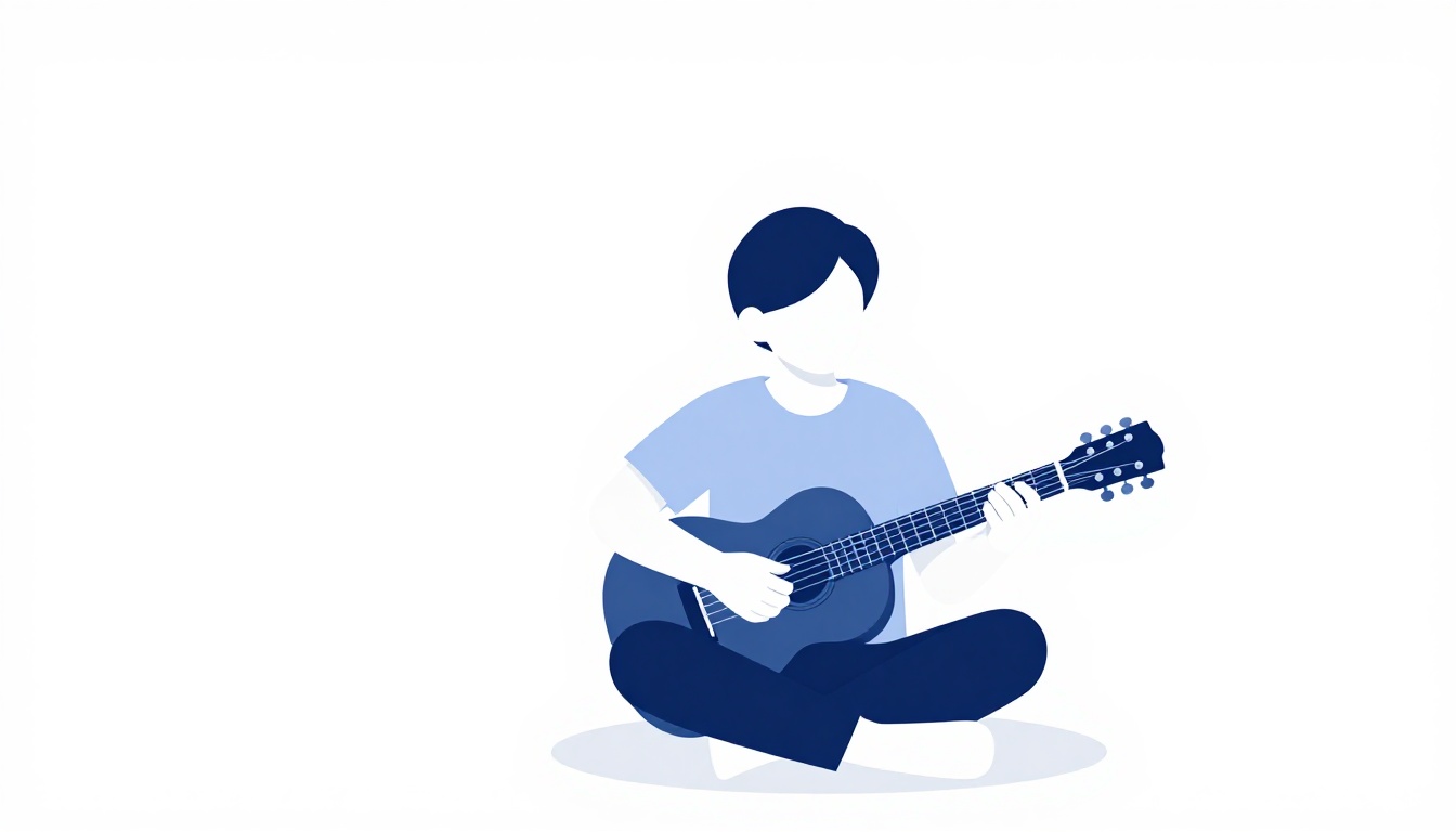 A person sitting alone practicing acoustic guitar chords in a quiet room, focused on their fretting hand