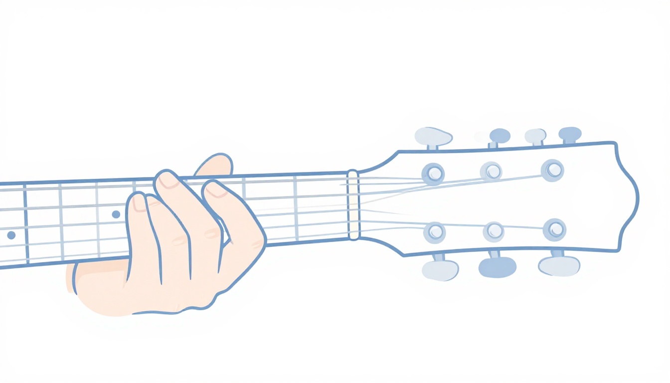 A close-up of a guitarist's thumb positioned low on the back of an acoustic guitar neck while the fingers curl down onto the fretboard from above
