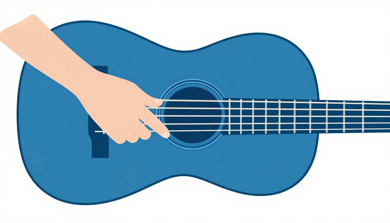 A close up of a left hand laying a partial barre across four strings at the first fret of an acoustic guitar neck