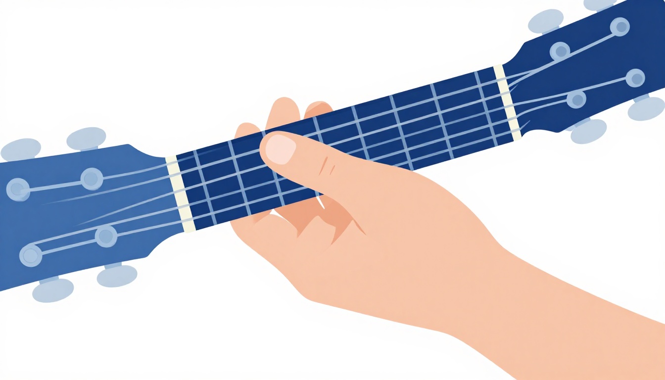 A close up of a left hand forming a full six string barre chord at the first fret of an acoustic guitar neck
